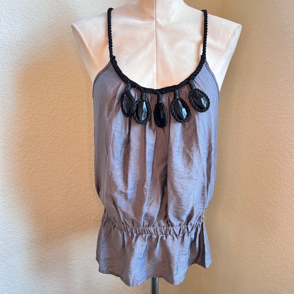 2B BeBe gray black blouse womens Small Y2K beaded racerback bow top
